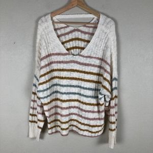 So Sweater Cream Loose Knit Striped V Neck Casual